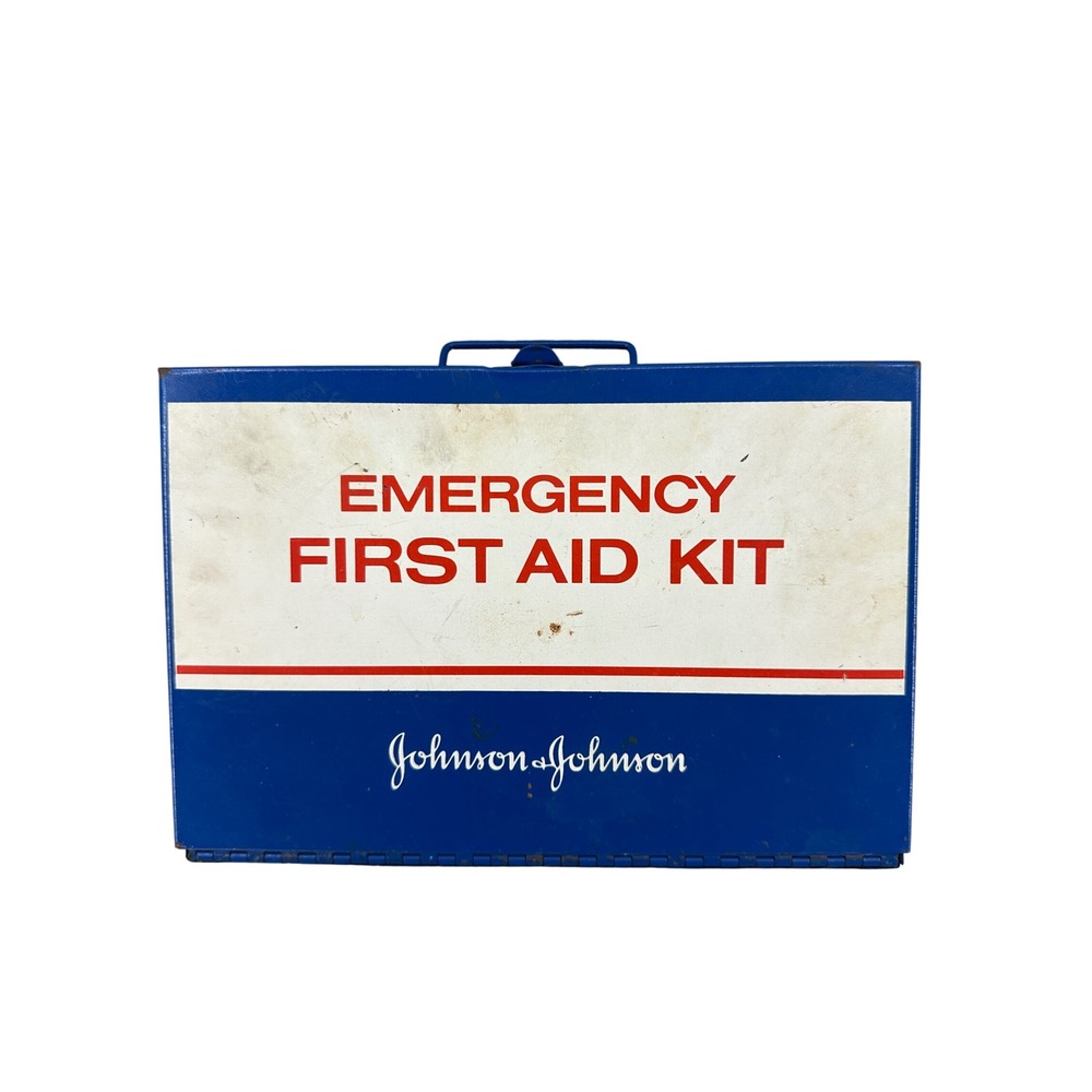 Vintage Johnson & Johnson Blue Metal Emergency First Aid Kit Box Old First Aid